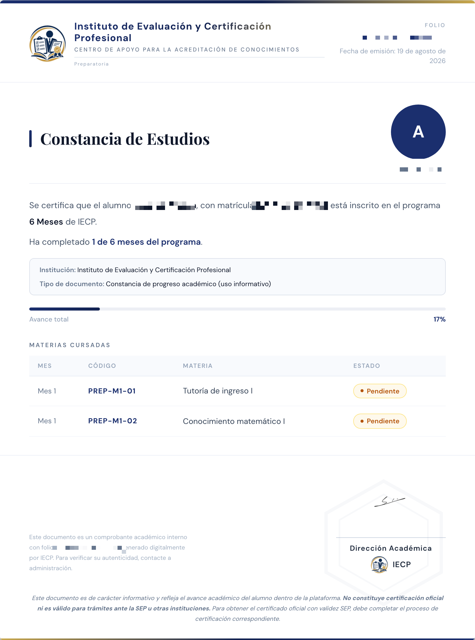 Constancia de estudios que emite IECP, con los datos del alumno difuminados